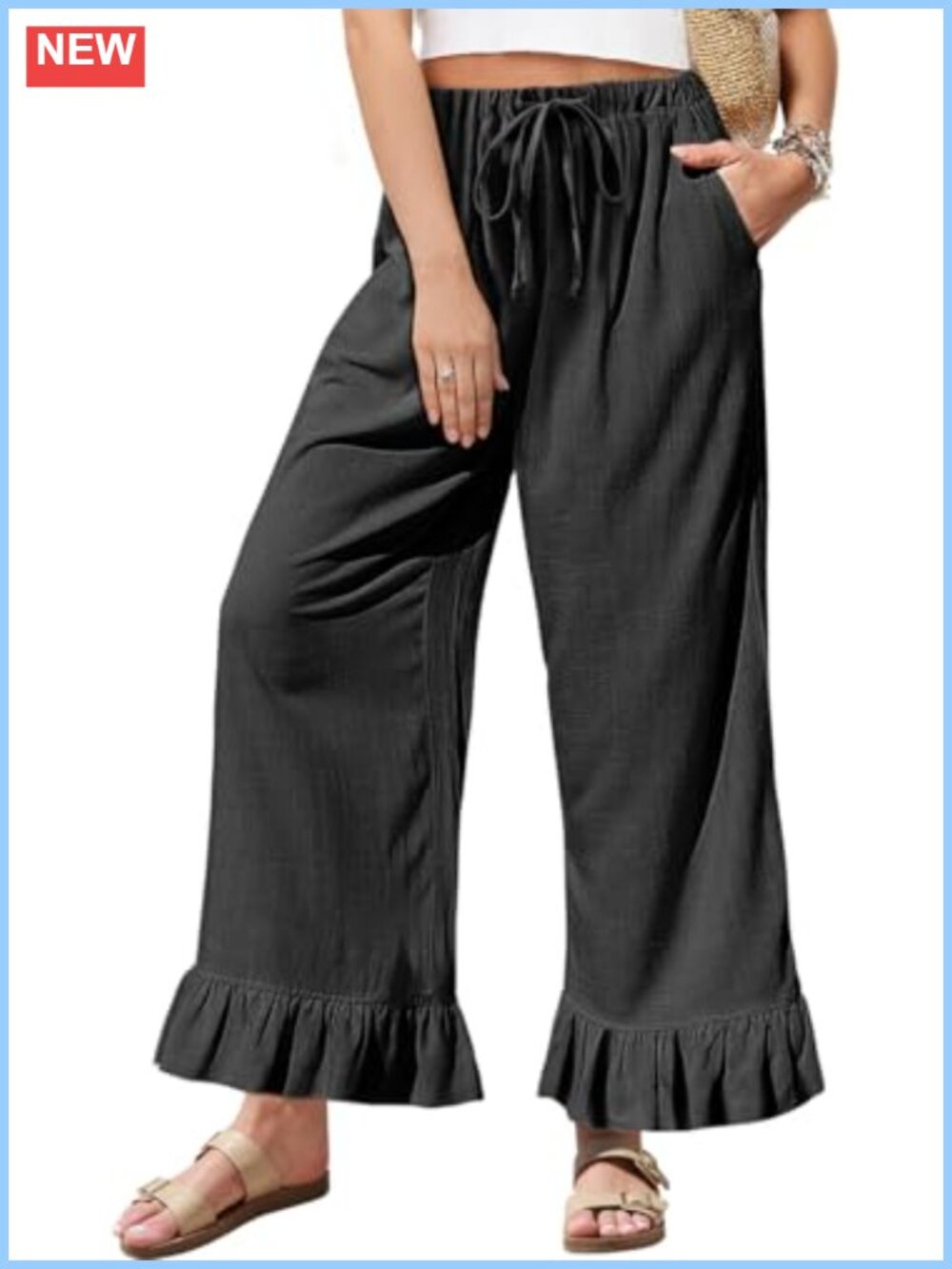 Women's Linen Wide Leg Pants Drawstring High Rise Palazzo Trousers